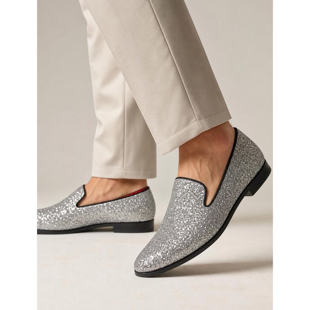 Men’s Haza Pairs Silver Sequin Loafers Size 10 Glitter Party Tuxedo Dress Shoes